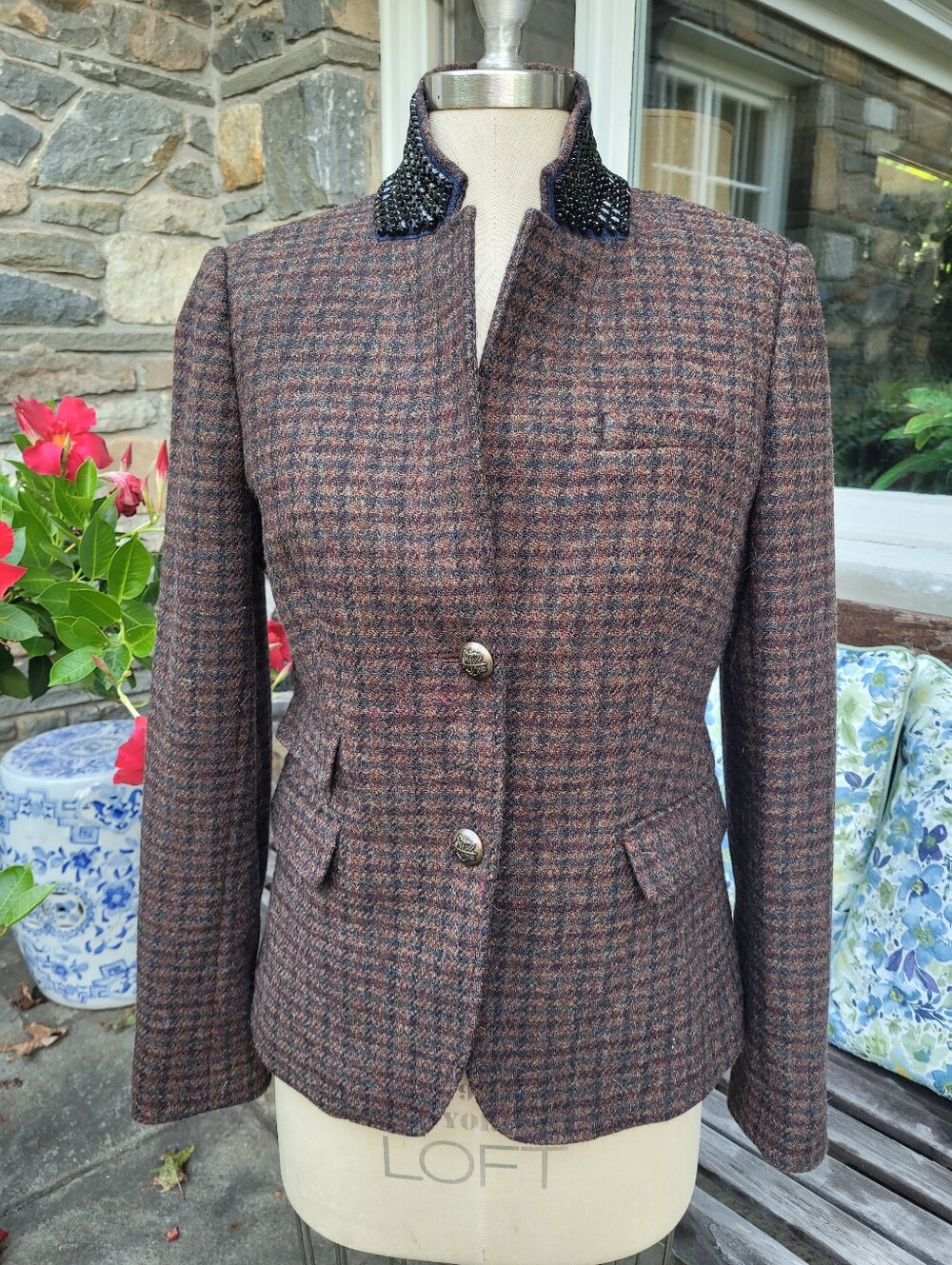 J Crew Schoolboy Blazer Houndstooth Jeweled Rhinestone Collar